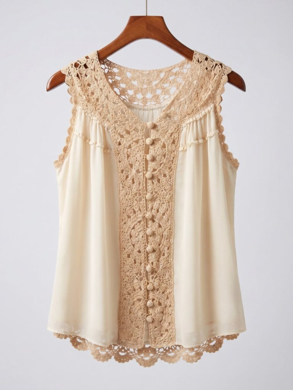 THML Crochet Yoke Boho Blouse Cream Sleeveless Top Size Small